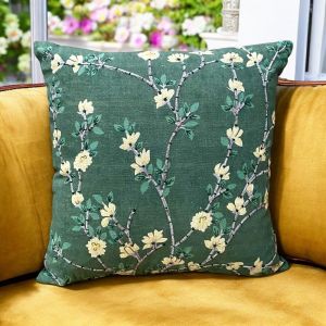 At Home in the Country - NEW Square Embroidered Cushion, yellow flowers, green vines, green